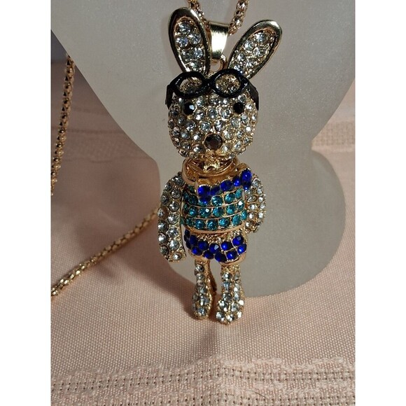 Betsey Johnson Bunny on a Chain, Silver and Blue, Moveable Lamb's - Picture 7 of 8